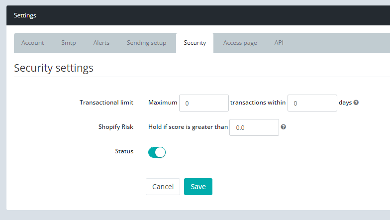 Shopify risk score and transactional limit fields in Keysender Security settings