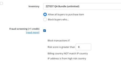 Fraud screening checkbox expanded on a product's Setup tab, showing risk score, billing/IP mismatch and high-risk country conditions