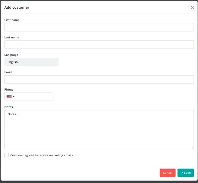 Add customer dialog with First name, Last name, Email, Phone and Notes fields