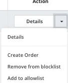 Customer row action menu with Add to blocklist and Add to allowlist options
