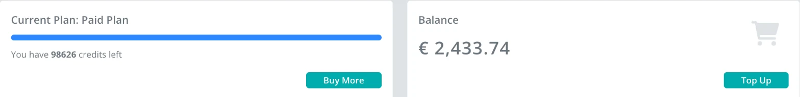 Billing and Plans page showing Current Plan credits left and Balance with Buy More and Top Up buttons