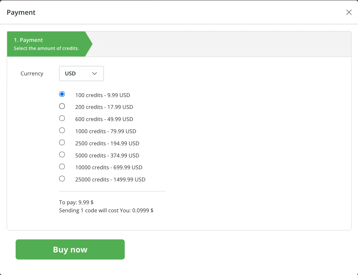 Payment dialog listing credit tiers from 100 to 25000 credits with their prices