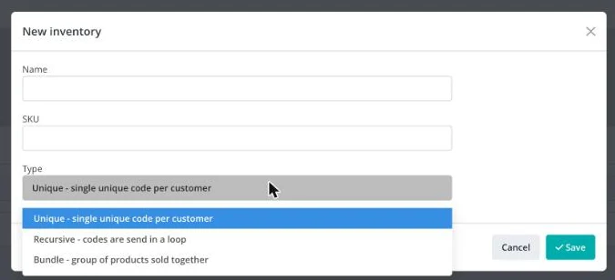 New inventory dialog with Name, SKU and Type set to Unique, Recursive or Bundle
