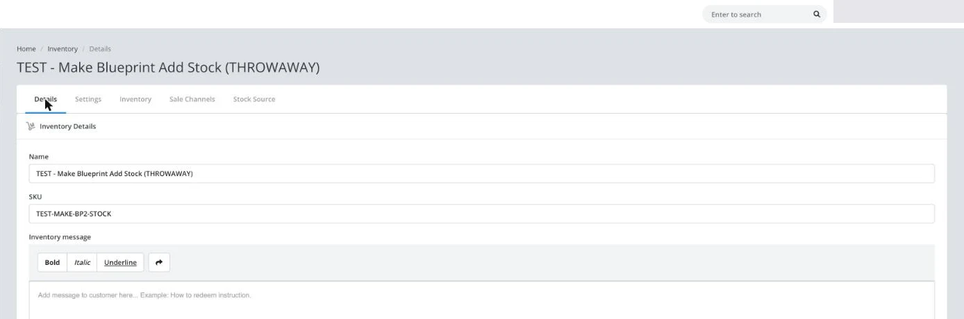 Details tab with Name, SKU and the Inventory message editor
