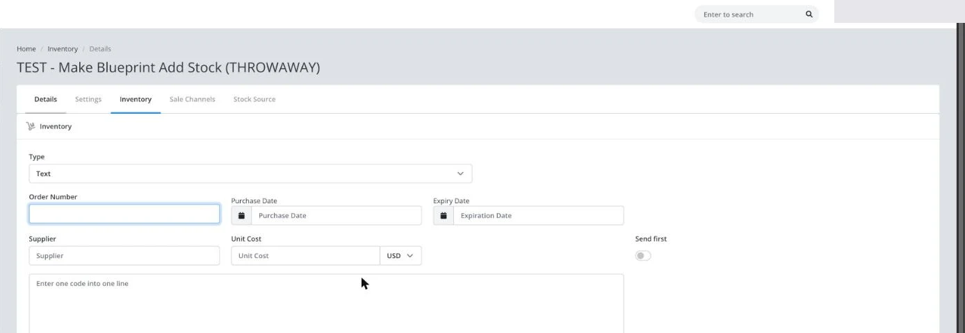 Inventory tab with the Type field, code entry fields, and the paste-codes box