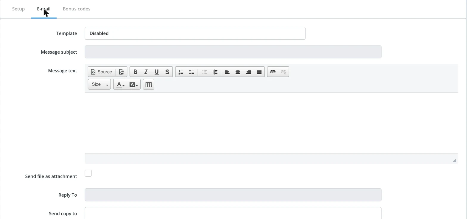 E-mail tab on a product's Details page, showing the Template field and message fields