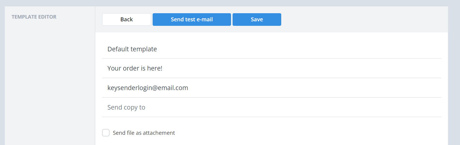 HTML email template editor with reply settings, design blocks, and variables in Keysender
