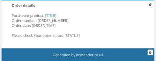 Order details block preview showing sample text next to ORDER_NUMBER, ORDER_TIME and STATUS variables, with the Footer block below it