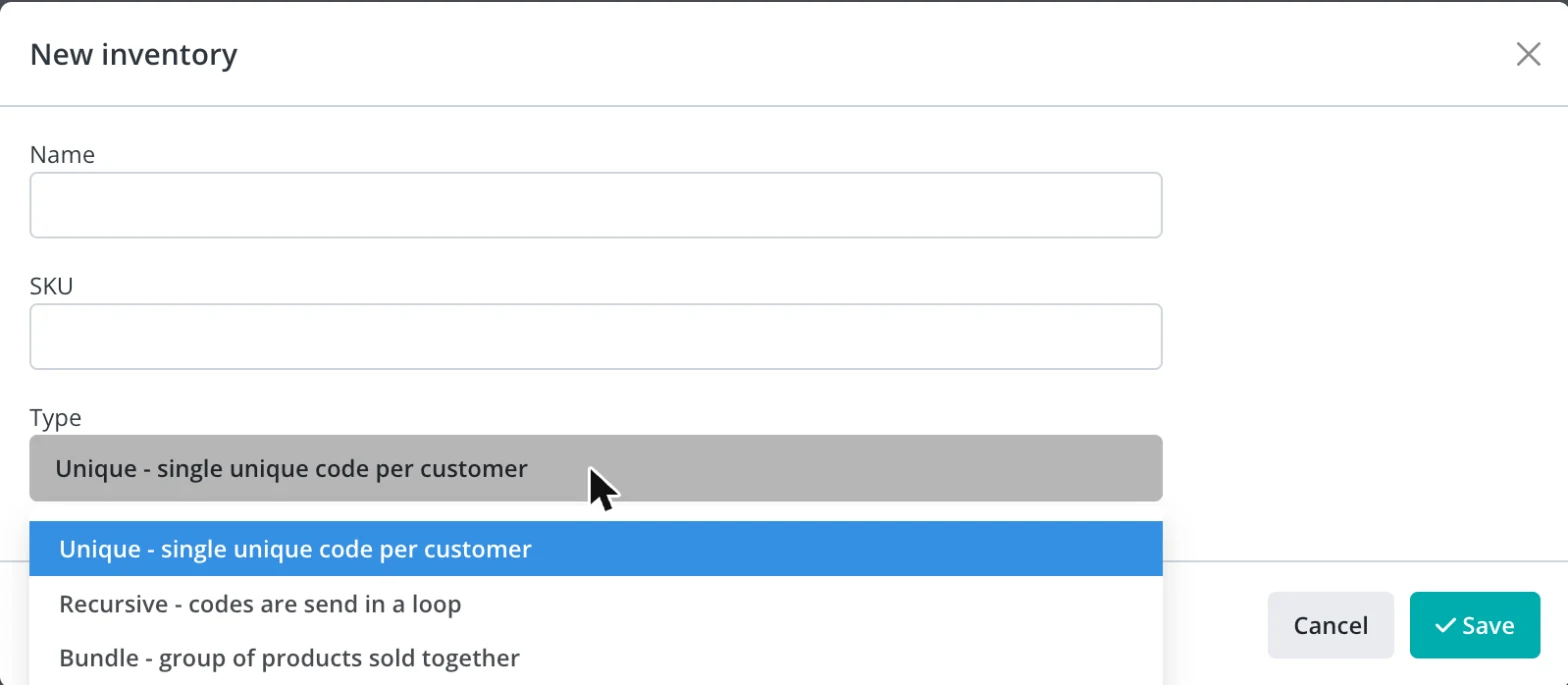 New inventory dialog with Type set to Bundle - group of products sold together
