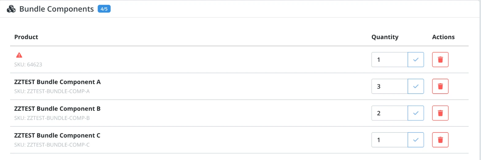 Bundle Components panel showing three added component inventories with their per-sale quantities
