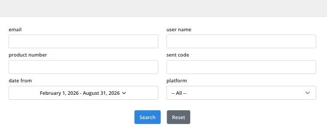Filters panel with email, user name, product number, sent code, date range and platform fields, and Search and Reset buttons
