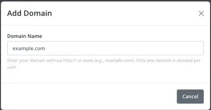 Add Domain dialog with a Domain Name field and a note that only one domain is allowed per user