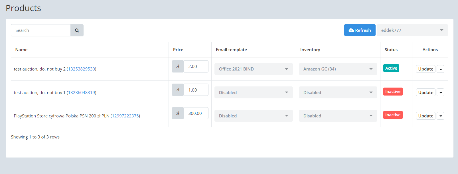 Setting the email template and inventory database for an Allegro product in Keysender