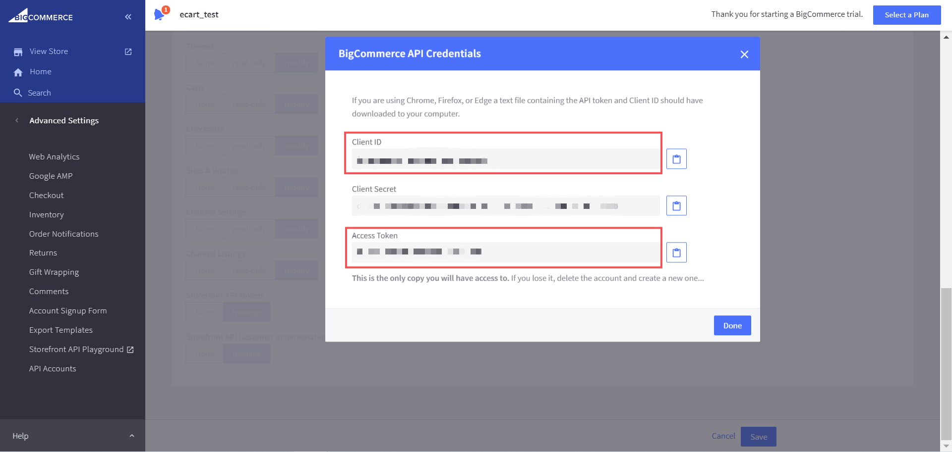 BigCommerce showing the Client ID, Secret, and Access Token