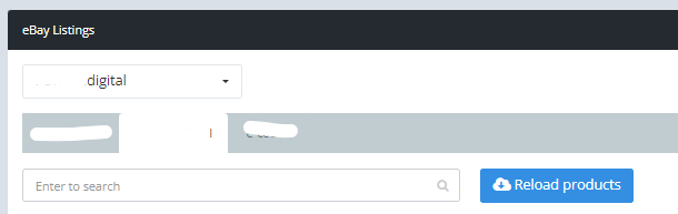 eBay Products tab in Keysender with the connected username and Reload products