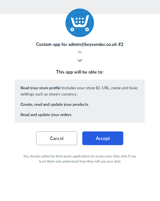 Approving Keysender application permissions in Ecwid