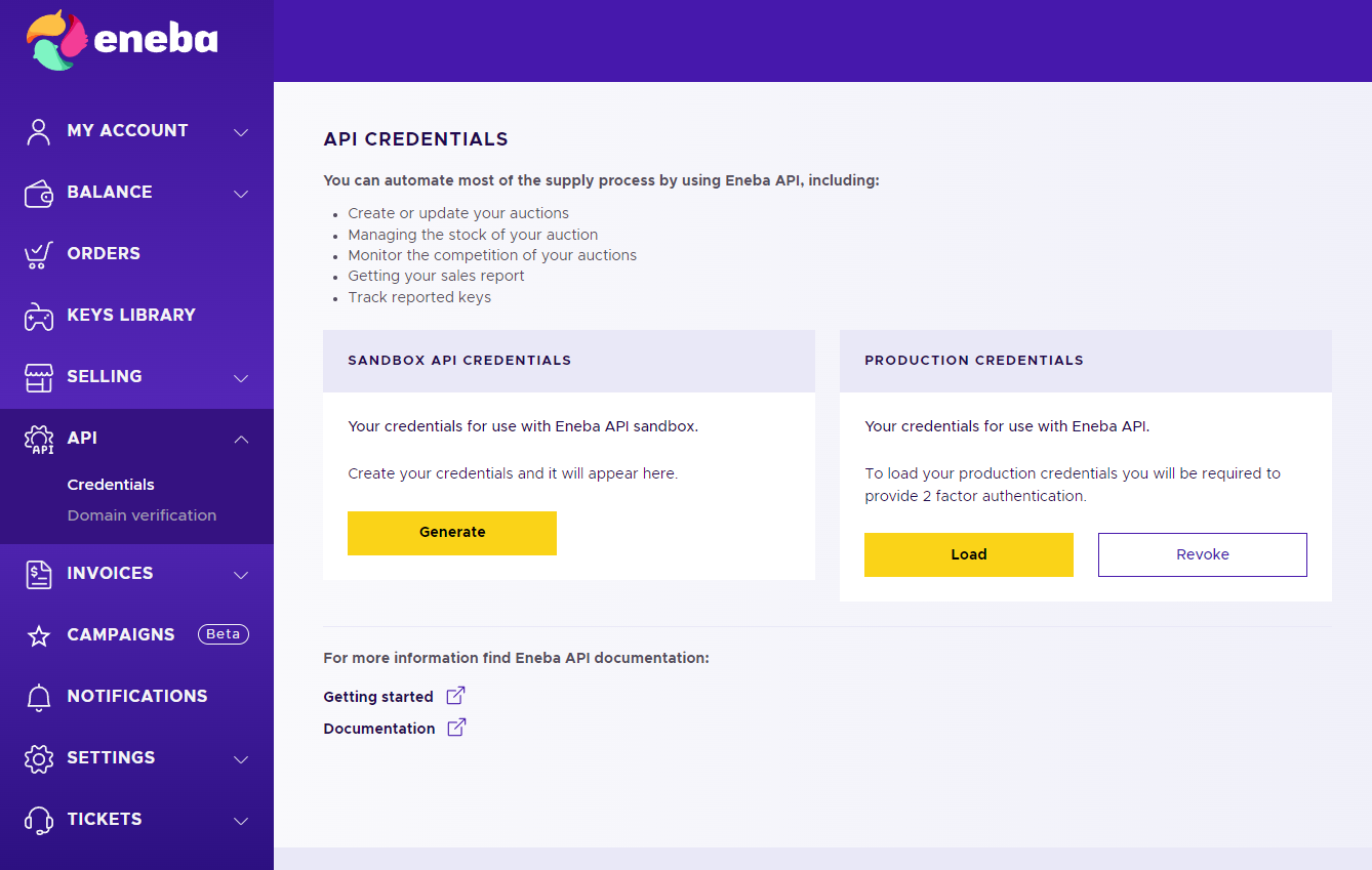Eneba API Credentials page
