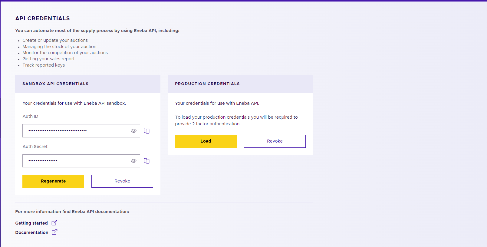 Generating sandbox and production credentials in Eneba