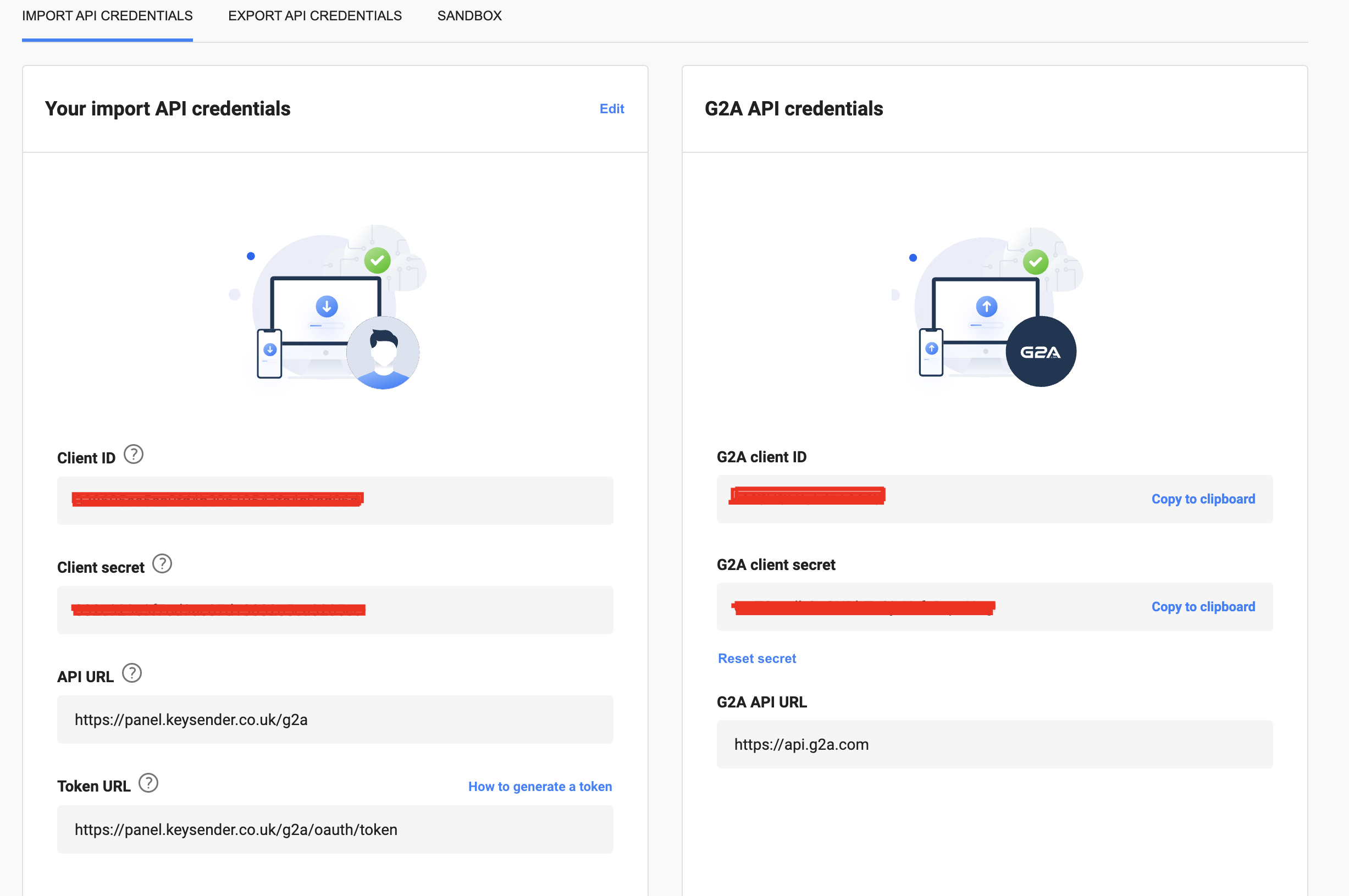 G2A API Credentials section with Client ID and Secret