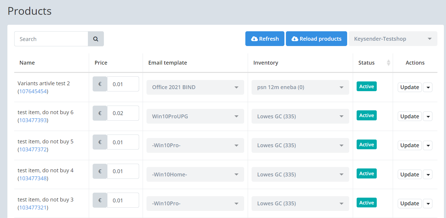 Hood.de product list in Keysender with monitoring set to Active