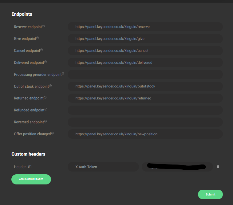 Active webhooks in the Kinguin seller account