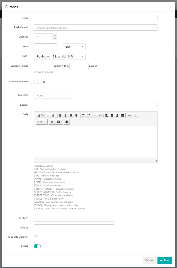 Add Button form with name, PayPal email, quantity, price, codes, limit, inventory control, and message template fields