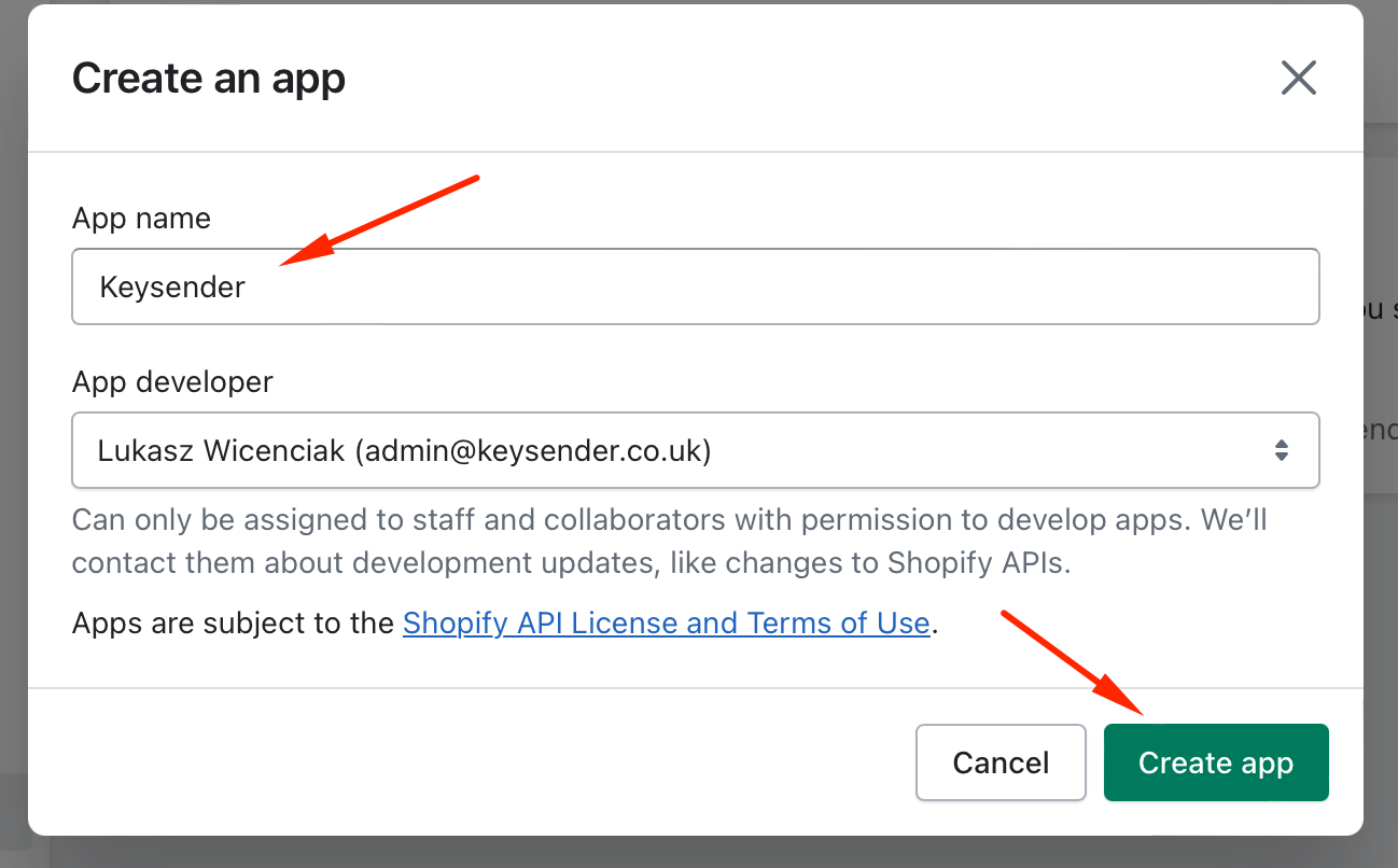 Naming the app Keysender in the Create an app dialogue