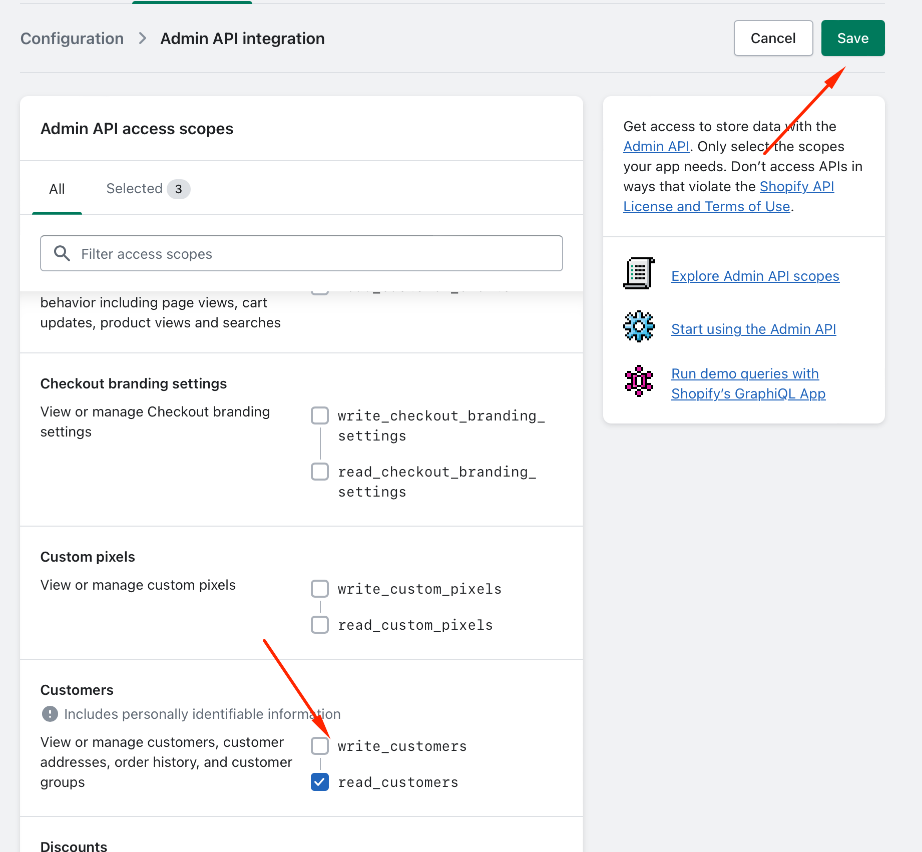 Selecting read and write for the required Admin API scopes