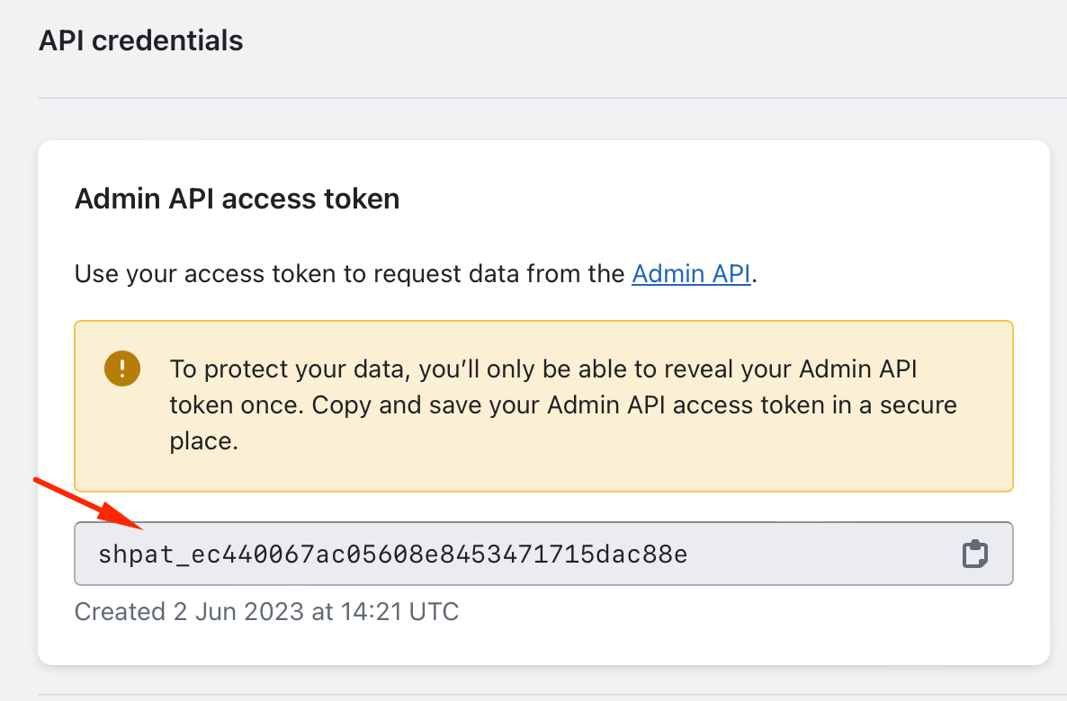 Admin API access token shown in the API credentials section
