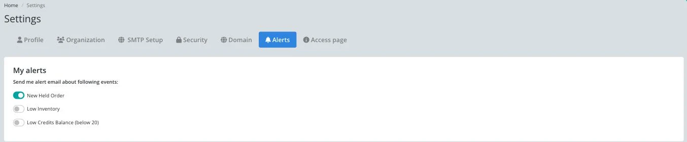Alerts tab under Account Settings with the New Held Order, Low Inventory and Low Credits Balance toggles