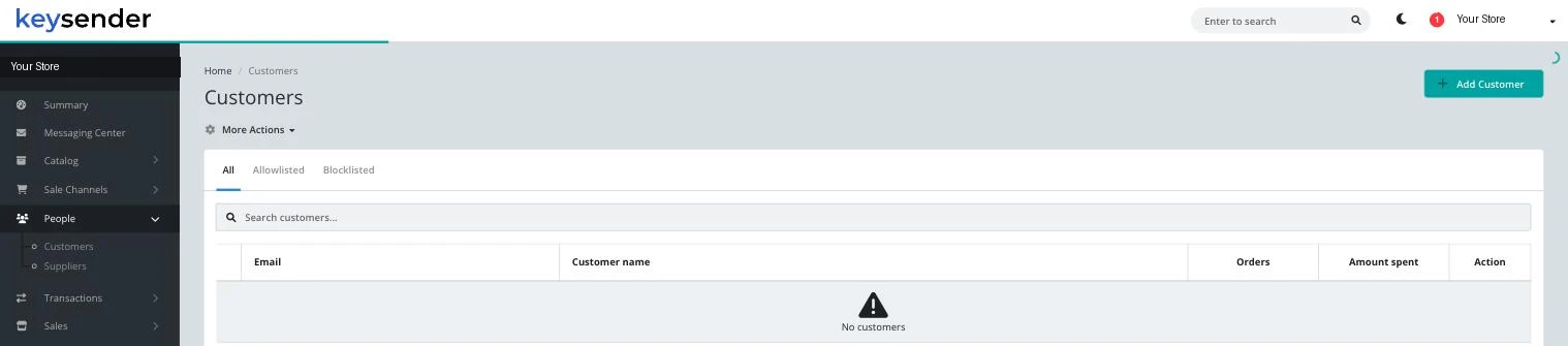 Customers page with All, Allowlisted, and Blocklisted tabs, a search box, an Add Customer button, and Email, Customer name, Orders, and Amount spent columns