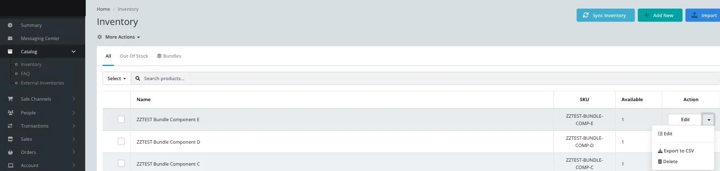 Inventory list with the row action menu open, showing Edit, Export to CSV and Delete