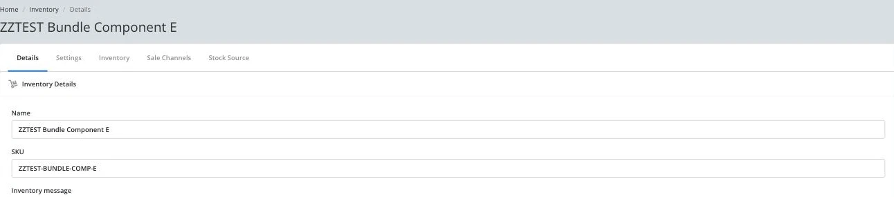 Inventory Details tab with Name, SKU and Inventory message fields