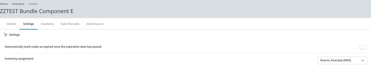 Inventory Settings tab with an auto-expire toggle and the Inventory assignment dropdown