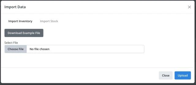 Import Data dialog with Import Inventory and Import Stock tabs and a Download Example File button