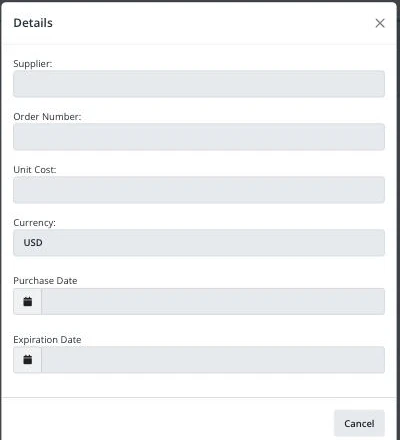Per-code Details dialog with Supplier, Order Number, Unit Cost, Currency, Purchase Date and Expiration Date fields