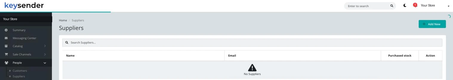 Suppliers page with a search box, an Add New button, and Name, Email, Purchased stock, and Action columns