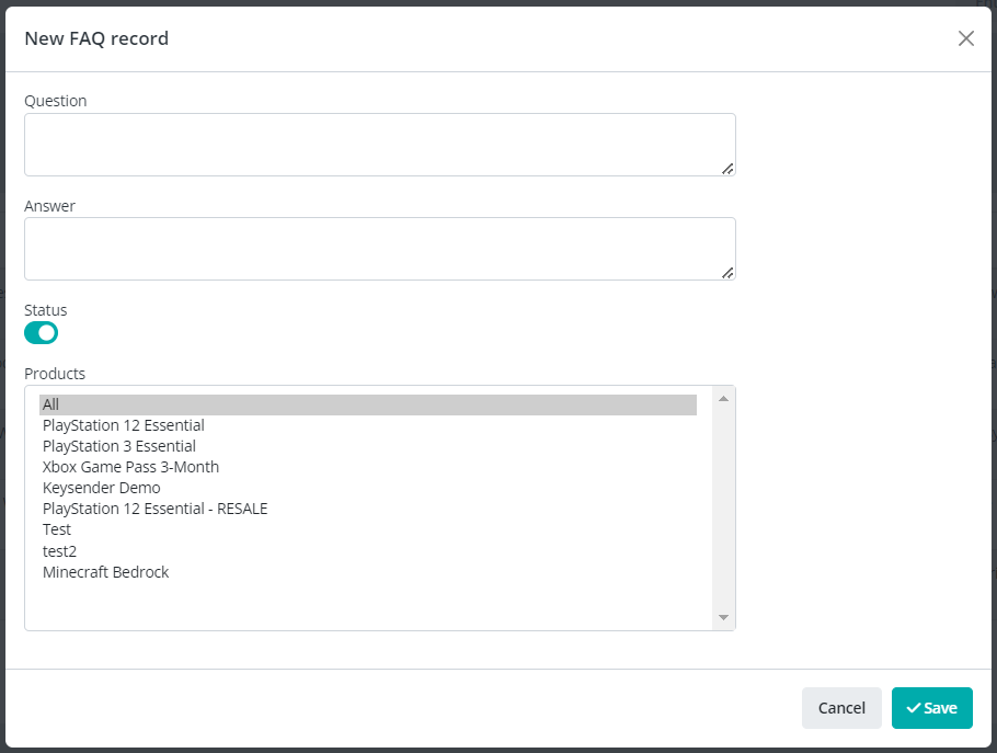 Add FAQ Record form with question and answer fields in Keysender