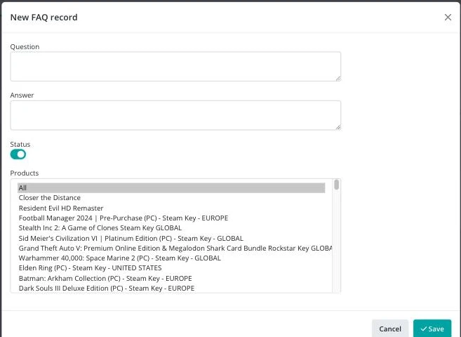 New FAQ record dialog with Question, Answer, Status and a Products list