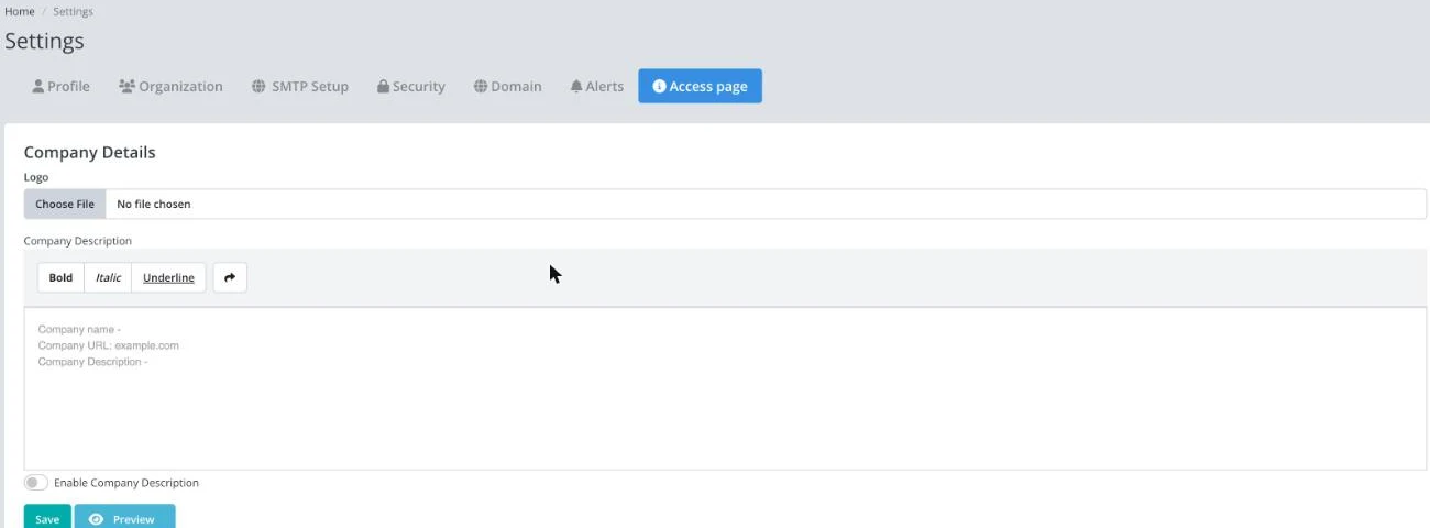 Access page settings tab with the Company Details section: Logo upload and Company Description