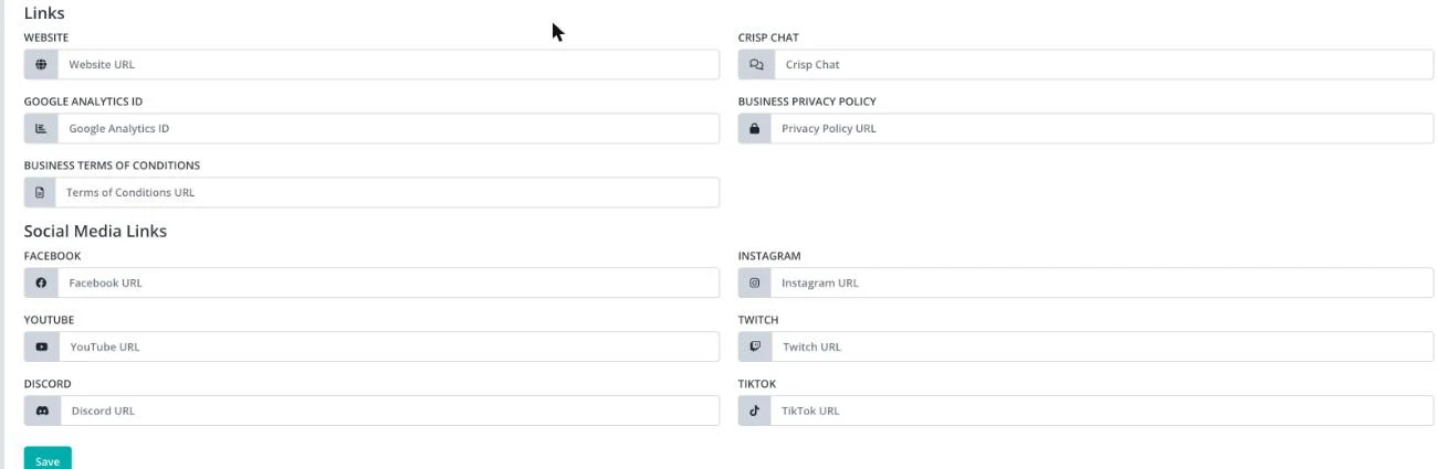 Links and Social Media Links sections, with Crisp Chat, Google Analytics ID, legal link fields, and six social platforms