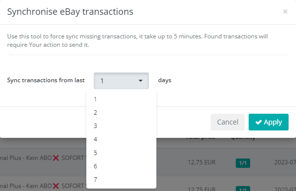 Entering the number of days to sync eBay orders in Keysender