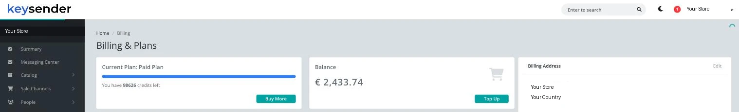 Billing and Plans page showing Current Plan with credits left and Buy More, Balance with Top Up, and the Billing Address panel