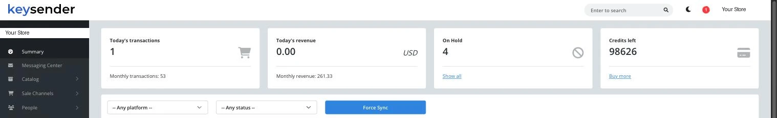 Summary dashboard showing Today's transactions, Today's revenue, On Hold, and Credits left cards, with a platform and status filter row and a Force Sync button below