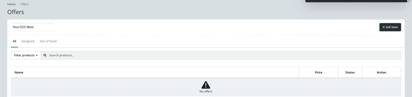 Offers page for a connected store, showing the store selector, Sell Item button, All/Assigned/Out of Stock tabs, a Filter products dropdown, and the Name, Price, Status, and Action columns