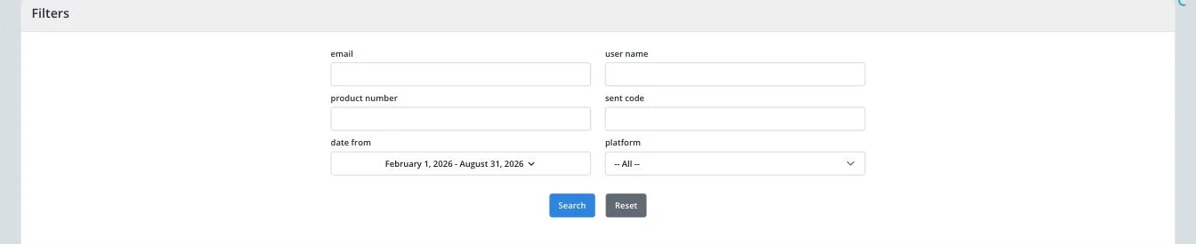 On hold Filters panel with email, user name, product number, sent code, date from, and platform fields, and Search and Reset buttons